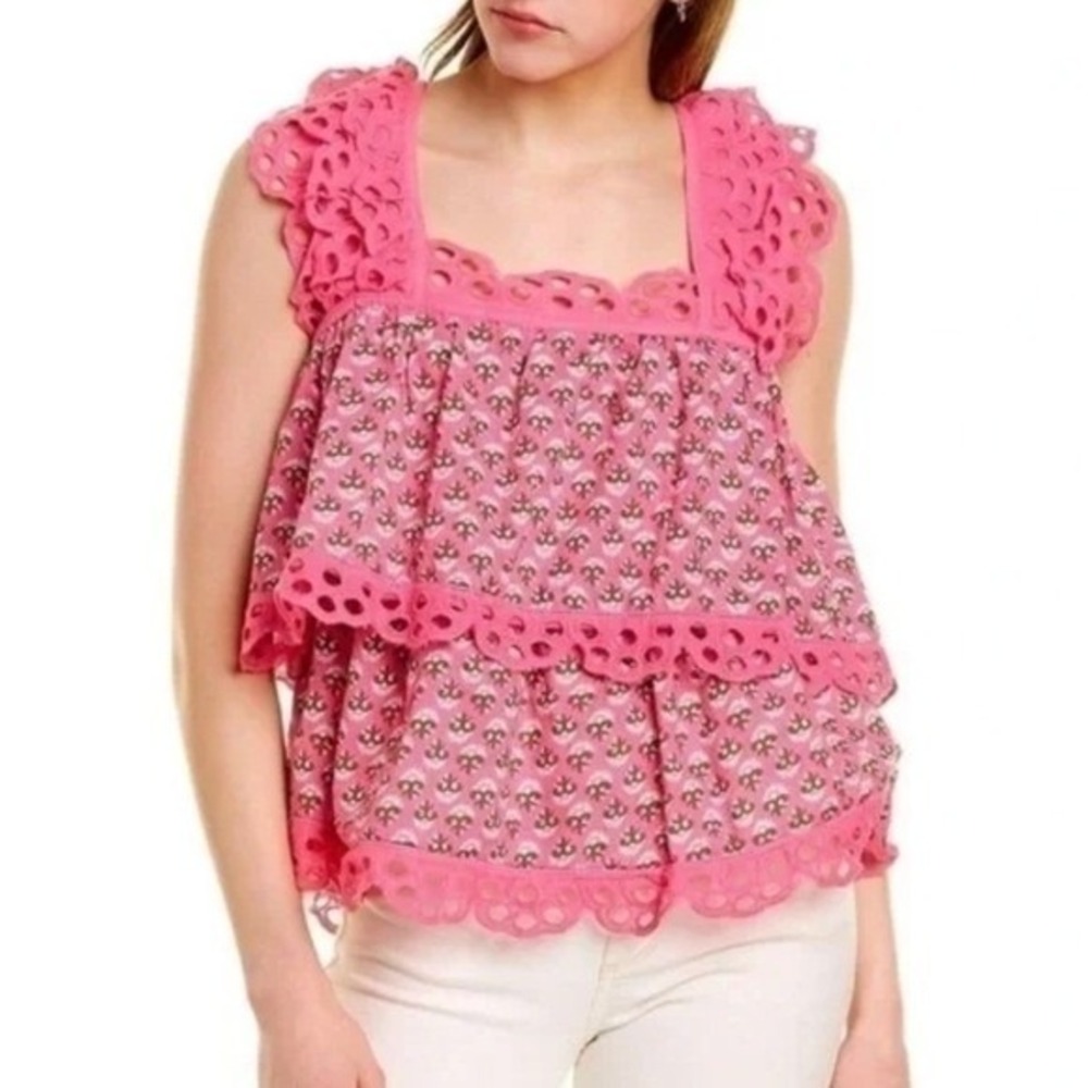 Jennifer Grace Pink Block Print Eyelet Lace Ruffle Crop Top Womens Small Cotton